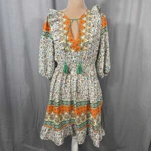 NEW Umgee Womens S Orange Multi Ditzy Floral Peasant Smocked Dress‎ Cottagecore